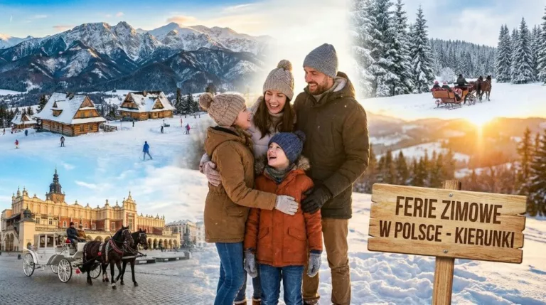 Zdjęcie rodziny, w tle kolaż zdjęć z różnych miejsc na spędzenie ferii